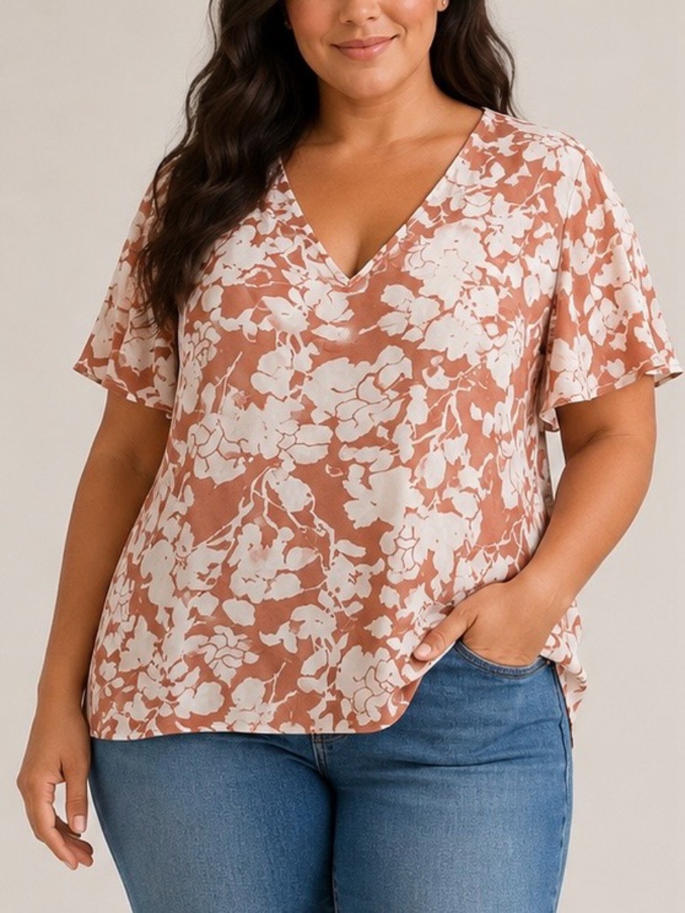 Women's V-Neck Floral Flutter Sleeve Top in Rust & White